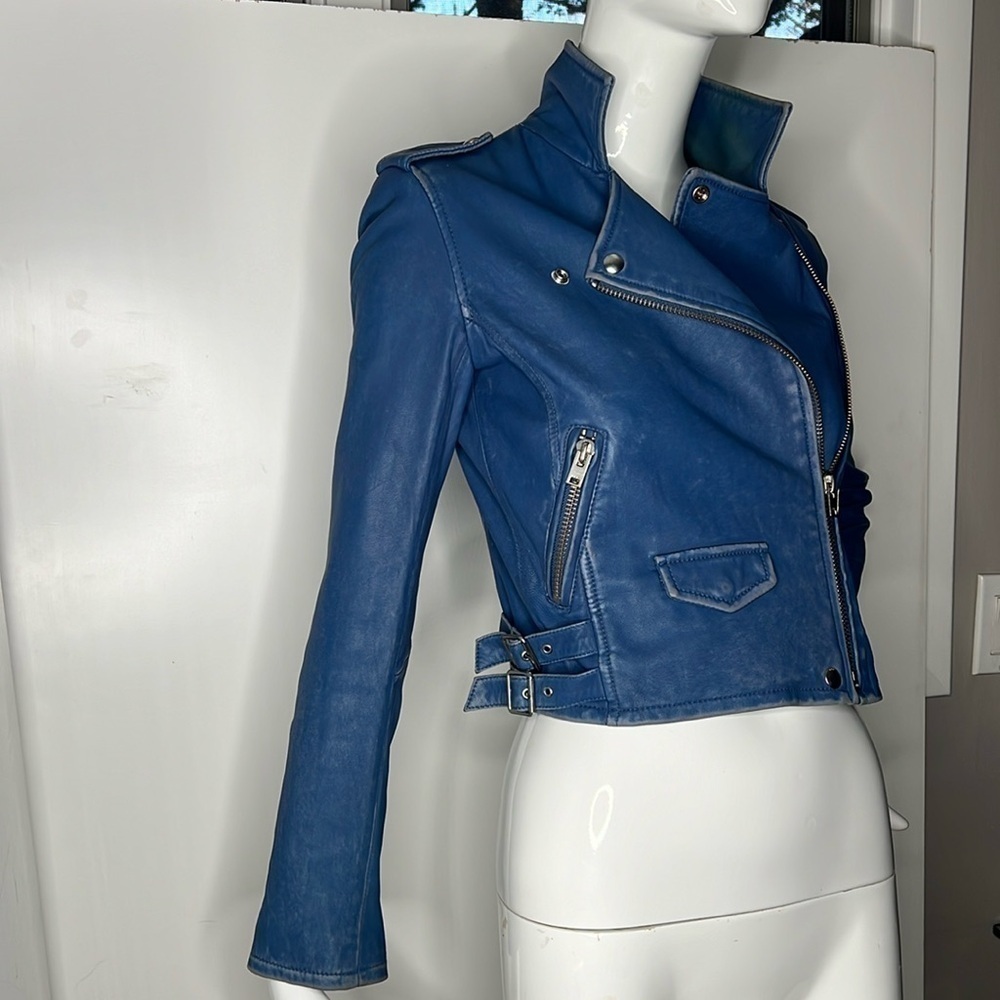 IRO ASHVILLE SZ 36 / US 4 LAMB LEATHER JACKET BLUE DENIM